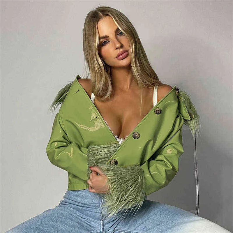 Giacca autunnale delle donne PU Fanux Green Green Coat scintillante con peluche Za Za Short Short Paterwear Bomber Biker Over -Coat L220728