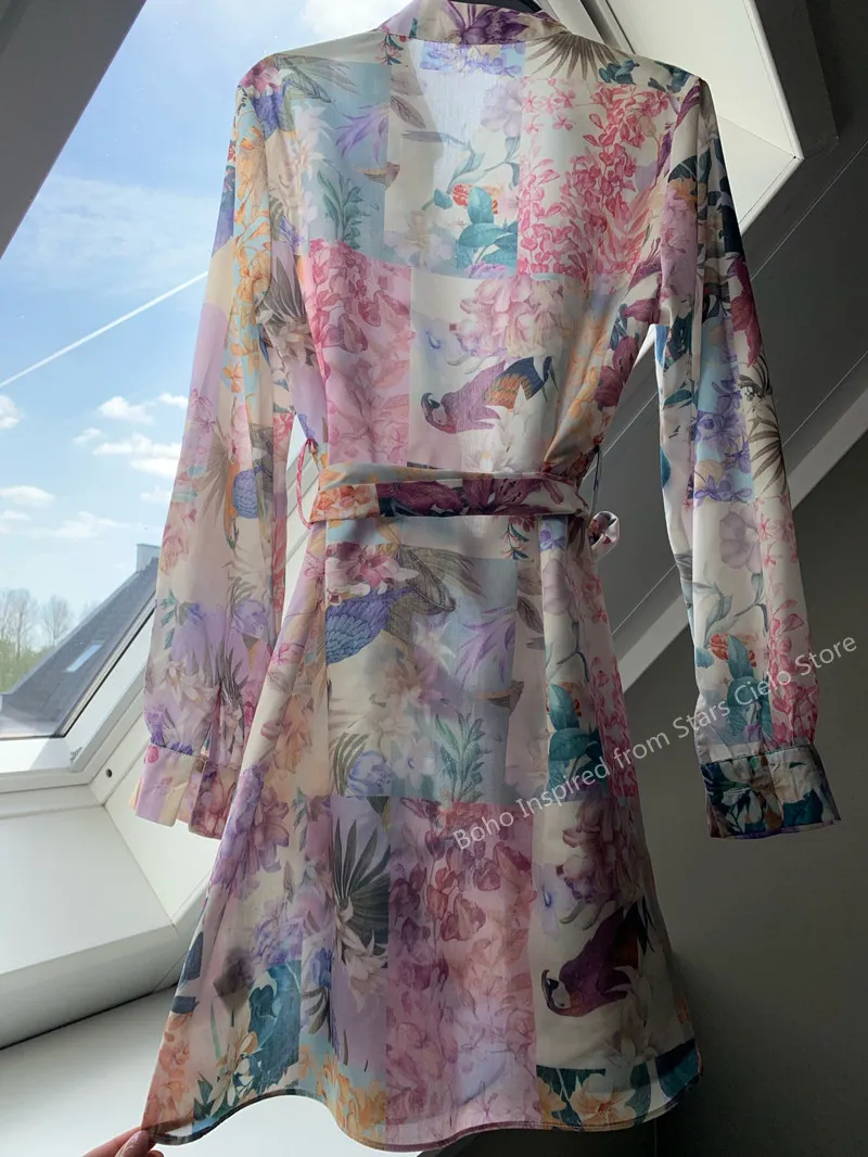 BOHO INSPIRED MULTICOLORED FLORAL PRINT summer DRESS women buttons down belted long sleeve woman dress elegant ladies 220713