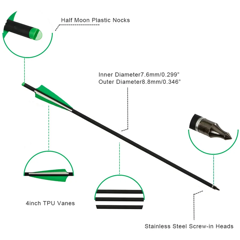 Frecce balestra 20 22 pollici Frecce in carbonio misto Diametro 88 mm Punta Tiro con l'arco Caccia Tiro Freccia rimovibile Verde 220812213K7618181