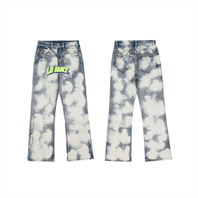 2021 Stylish Letter Embroidery Tie Dye Men Straight Baggy Jeans Trousers Washed Distressed Vintage Hip Hop Denim Pants Spodnie T220803