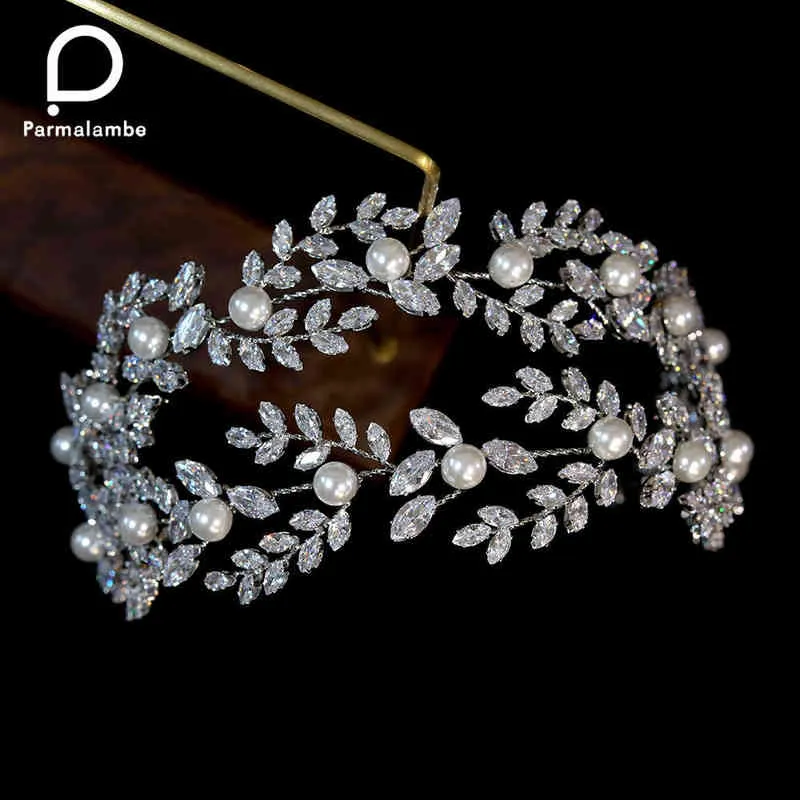 Kvinnor Bröllop Hår Tillbehör Mode Pearl Crystal Headband Bridal Hair Tiaras Cubic Zircon Headdress Leaf Soft Hair Band AA220323