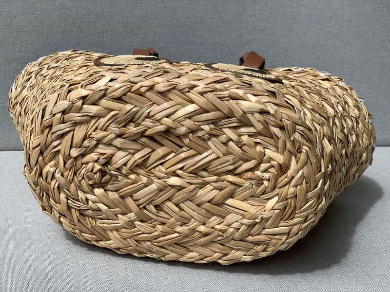 bolsa de palha de praia saco de cesta de legumes de mão grande tecido à mão com couro 220610