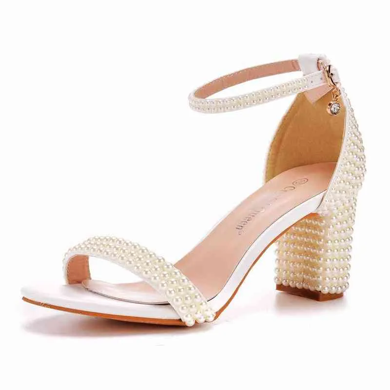 2022 sommer Neue Luxus Kristall Frauen Sandalen Knöchel Schnalle Römischen Dame Dicke High Heels Perlen Hochzeit Kleid Party Schuhe H0190 G220520