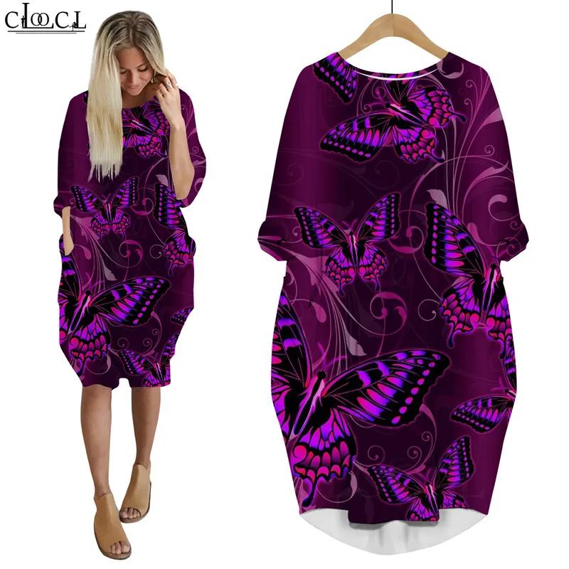 Vacker fjärilsklänning 3D Tryckt långärmad streetwear harajuku kvinnlig hiphopstil Kvinnor Pocket Dress Drop W220616