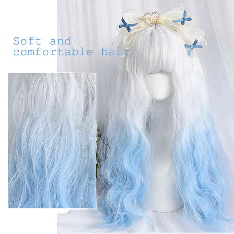 NXY Synthetische lange krullende haargolf zilver wit blauw gradiënt cosplay lolita pruik vrouwelijke hoge temperatuur resistent 220622