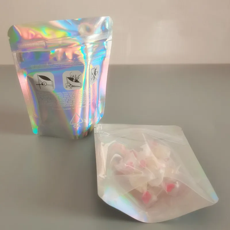 再封印可能なプラスチック小売透明な子供用パッケージングバッグホログラフィック透明なポーチ匂いの臭いマイラーバッグドライフラワーズパッキングバッグ