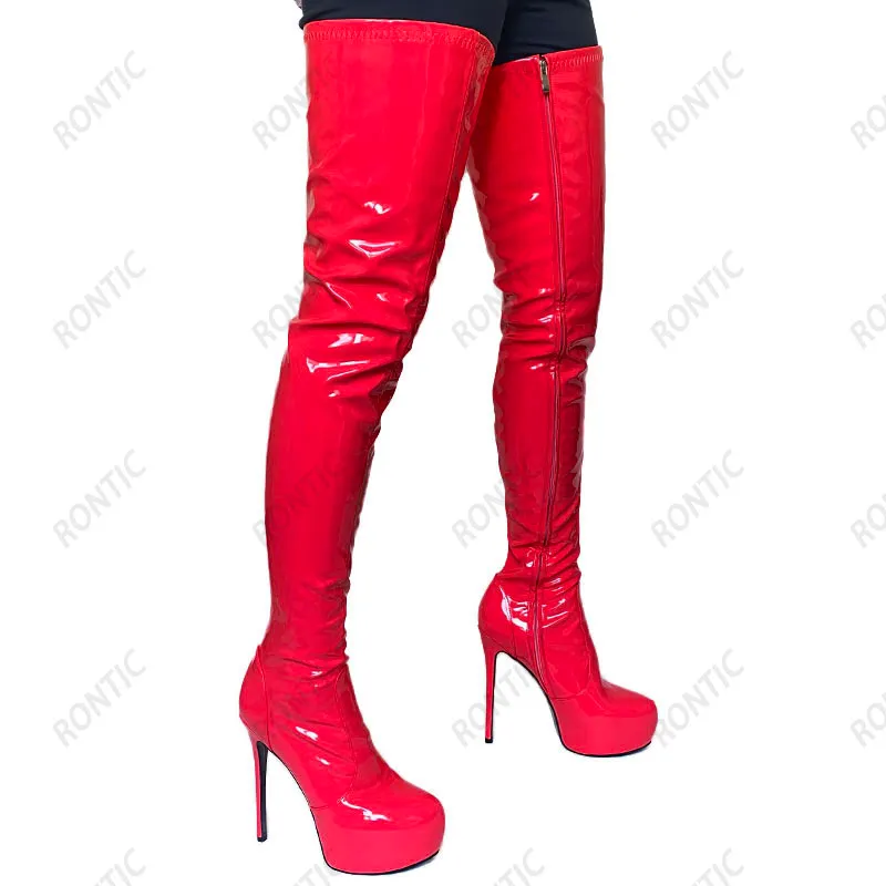 RONTISCHE NIEUWE VROUWEN Winter Crotch Boots Patent Lederen Side Zipper Stiletto Gehakken Ronde Teen Mooie Roze Club Schoenen US Maat 5-20