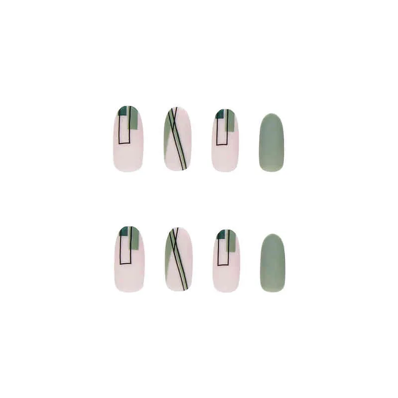 False Nails Matte Green Patch with Glue Removable Long Paragraph Fashion Manicure Press on Nail Tips 0616