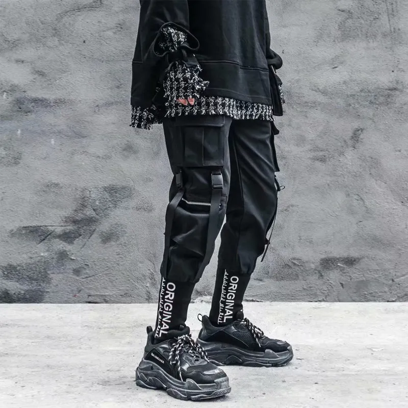 Şık Japon Moda Harajuku Hip Hop Sokak Giyim Kargo Pantolon Erkekler İçin Şerit Cepleri Joggers Techwear Erkek Pantolon 220705