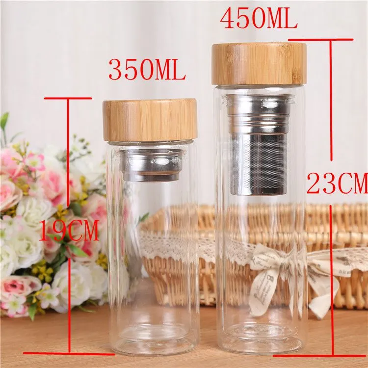 350/450Ml Double Wall Glass Water Bottle Tea Infuser Office Tea Cup Stainless Steel Filters Bamboo Lid Travel Drinkware
