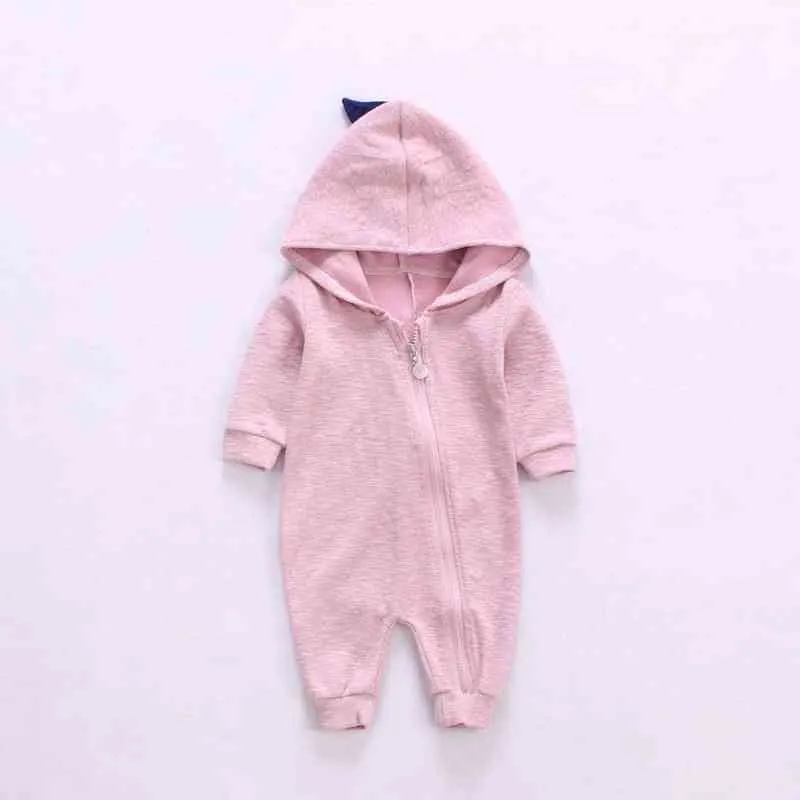 2021 Spring Kids Tales Newborn Baby Romper Suit Solid Hooded Dino Boys Girls Romper Cotton Babywear 4 Colours G220510