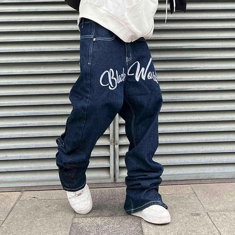 Pantalones vaqueros rectos holgados con bordado de letras de la calle, pantalones de mezclilla Retro informales con botones de remache trasero de pierna ancha de gran tamaño T220803