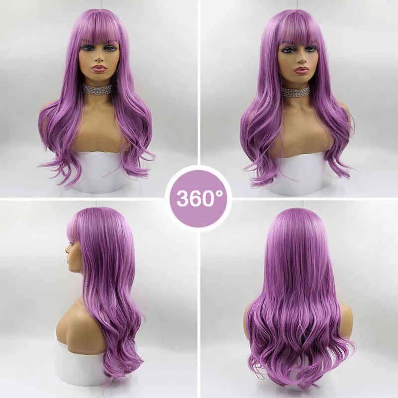 Long Purple Wig with Bangs Natural Synthetic Hair Wavy for Women Daily Party Coplay Heat Reitant Fiber Fahion 220622