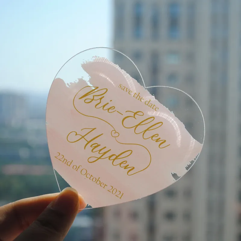 10 قطعة شكل قلب مخصص حفظ التاريخ بطاقة دعوة الاكريليك لحضور حفل زفاف 220707