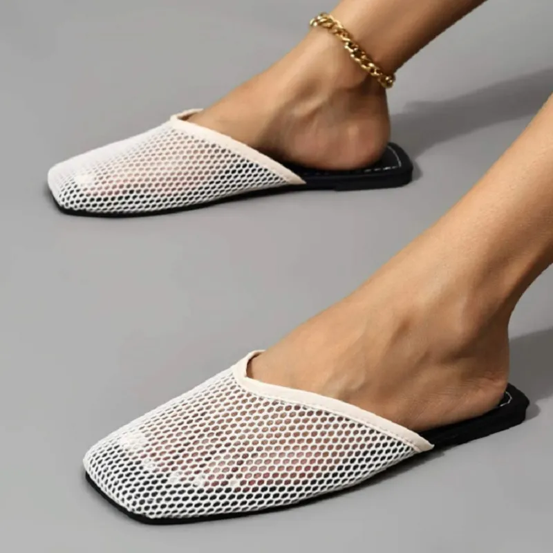 Pantoufles d'été pour femmes, chaussures plates en maille, sandales décontractées à bout carré, vente en gros, Zapatos de mujer 220414