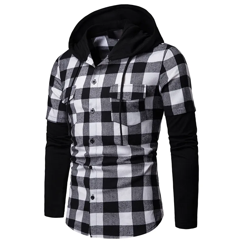 Covrlge Modeplaid Hooded Dual Fickor Långärmad Mäns Casual Slim Fit Shirt Top Lumberjack Check Jack Kläder MCL205 220322