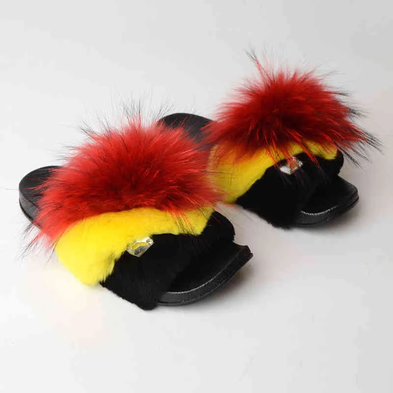 2022 New Arrivals Fluffy Fur Slides Women Real Fox Fur Slippers Cute Cartoon Funny Sandals Furry Amazing Rabbit Fur Shoes Woman G220518
