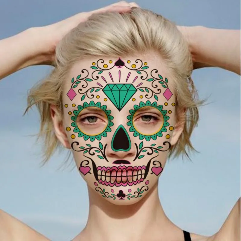 Autocollant de tatouage temporaire lumineux pour Halloween, maquillage du visage spécial jour du crâne mort, déguisement, décor de Cosplay d'halloween