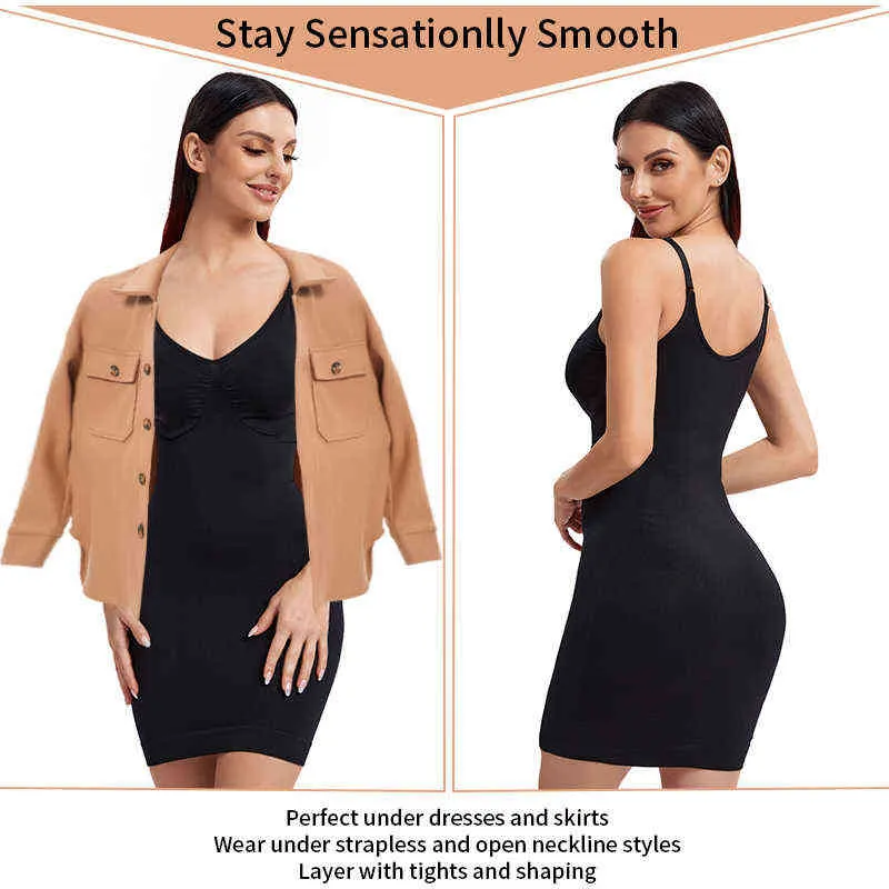 Women Slimming Shapewear Underwear Control Strap Sexy Deep V Neck Push Up Dress Body Shaper Spaghetti Waist Trainer Lingerie L220802