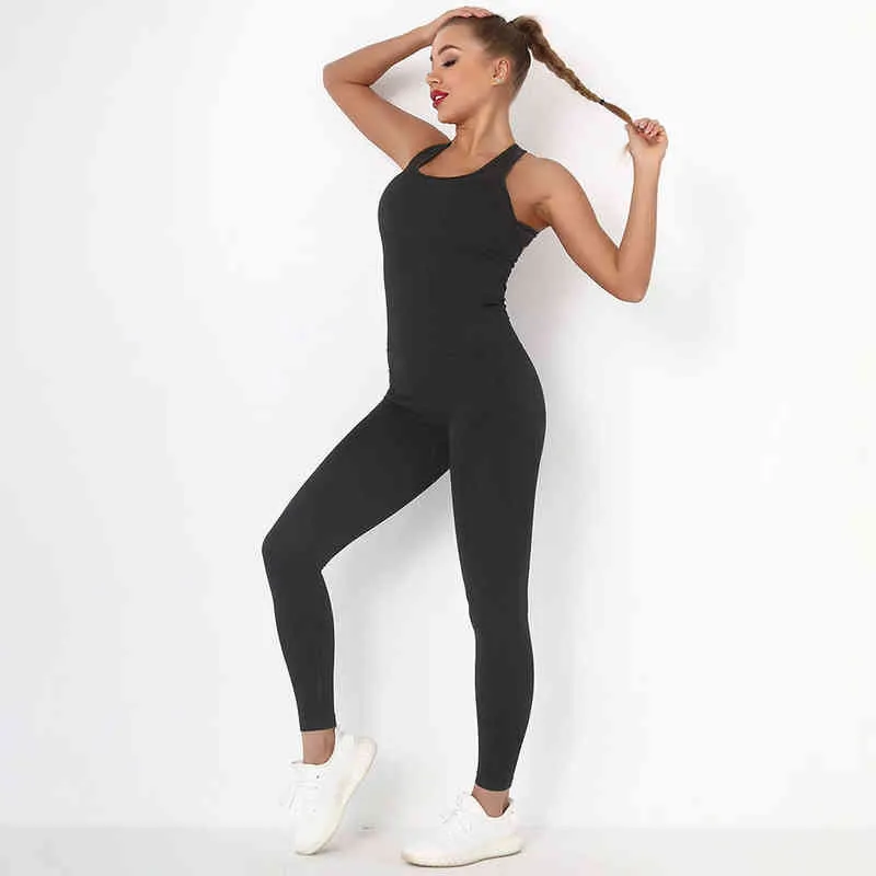 Traje de una pieza Mujeres Conjunto de yoga Ropa de ejercicio sin costuras Cross Back Deportes Mono Ropa deportiva Trajes de gimnasio con bolsillos J220706