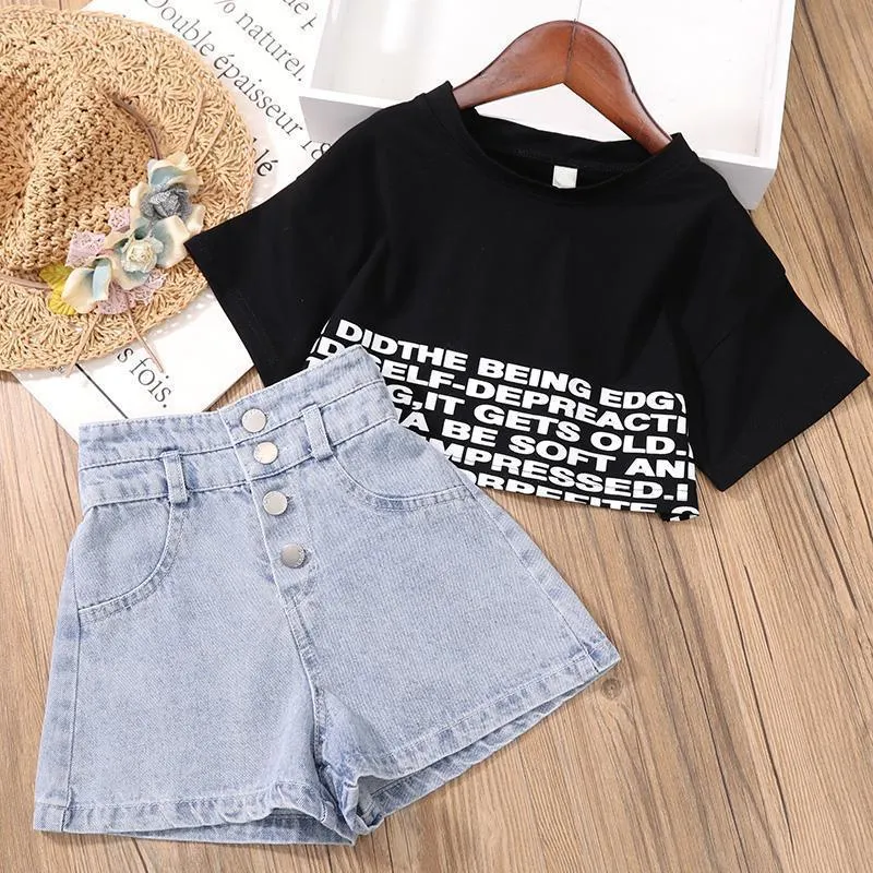 teenagers Kids Girls Clothes Set Summer Crop Tops T shirt Denim shorts Outfits 4 6 10 12 Baby Clothing 220620