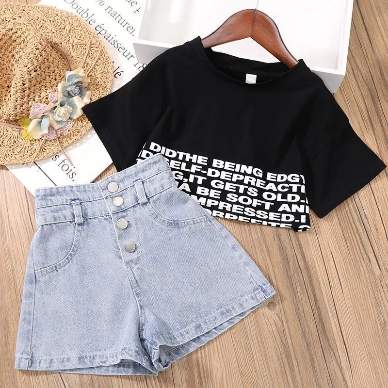 Tonåringar Kidsflickor Kläder Set Summer Crop Tops T Shirt Denim Shorts Outfits 4 6 10 12 Baby Clothing 220620