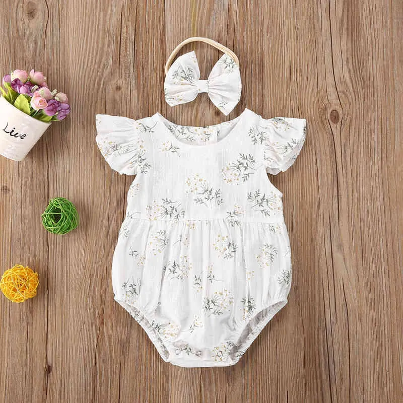 Dzieci dzieci Baby dziewczyna Floral Summer Bodysuit krótkie rękawy O-Neck Bodysuit Bowknot Opaska na głowę Sunsuit Outfits G220521