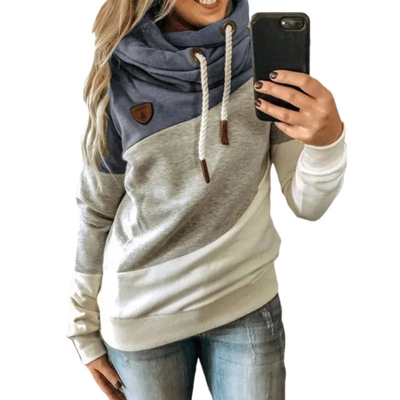 Autumn Winter Women Cowl Neck Color Block Patchwork Fall Hoodie Sweatshirt långärmad Pullover Casual Warm Hooded Topps 5xl 220815