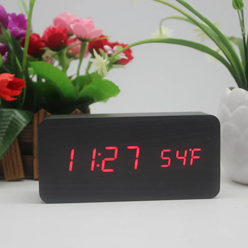 D2 Alarm Clock Digital LED Wooden Watch Table Voice Control Wood Despertador Snooze Time Temperature Display Desktop Clocks Gift 220623