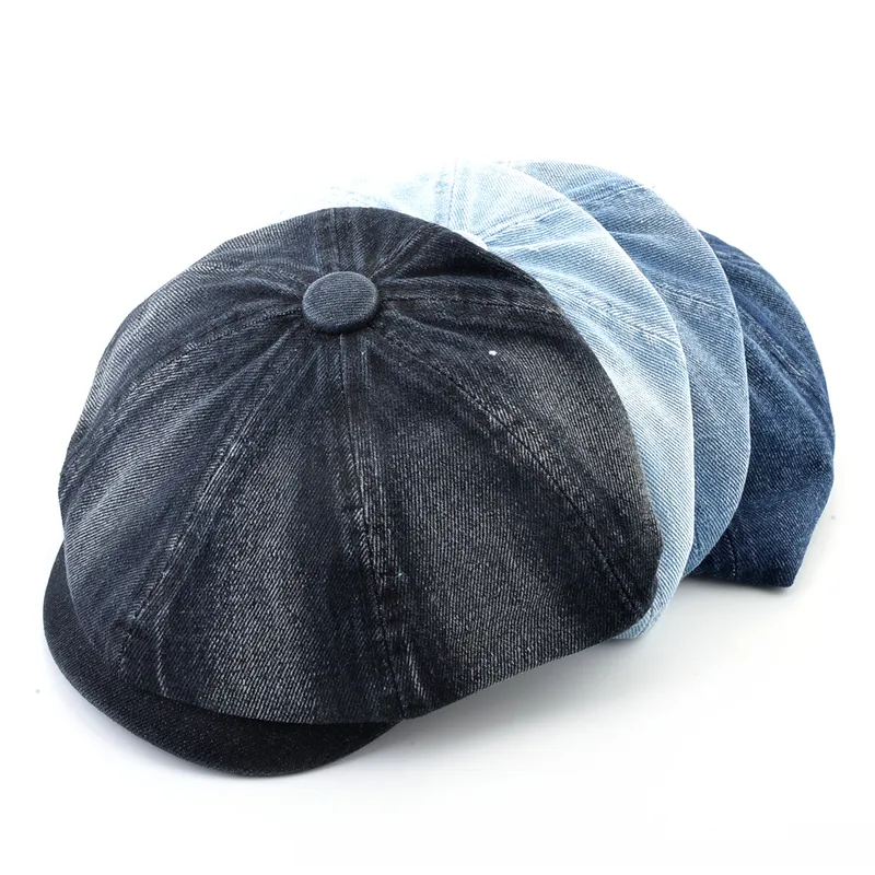 Washed denim fabric Berets Men's Autumn Fashion sboy Caps Retro Male Artist Flat Visor Peaked Hat Men Spring Casual Boina 220513