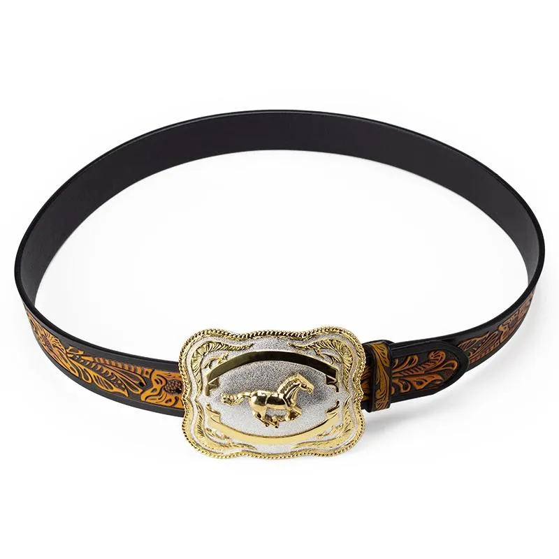 Bälten Big Alloy Buckle Golden Horse Leather Belt Cowboy Leisure for Men Floral Pattern Jeans Accessories Fashion279s