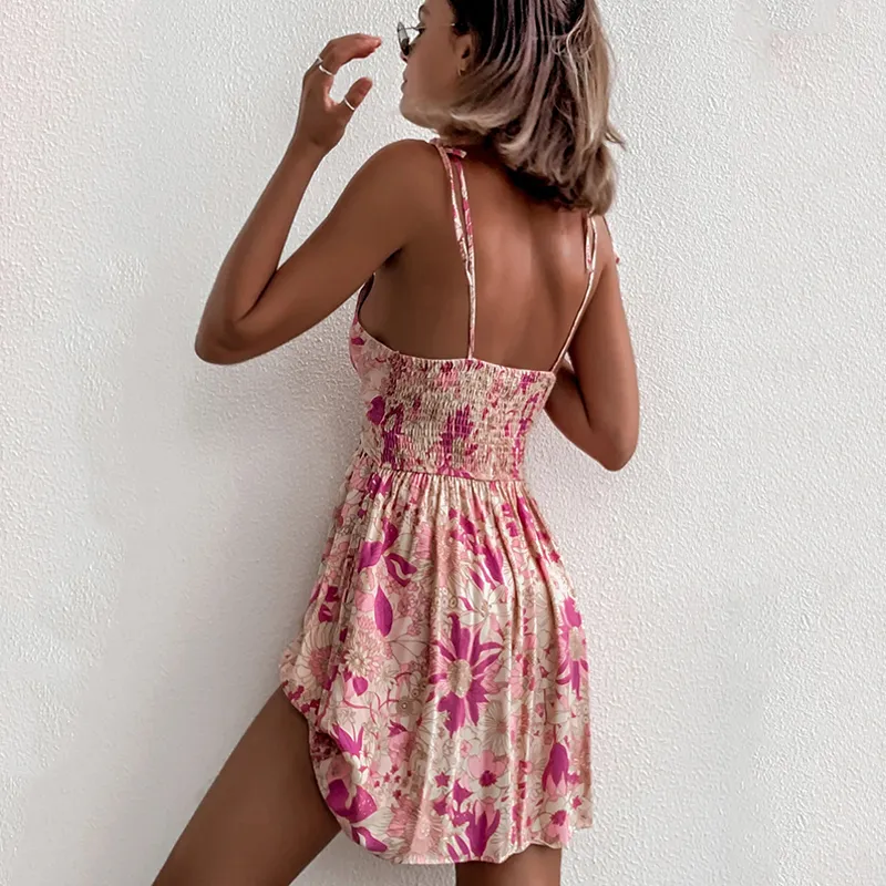 Foridol 캐주얼 꽃 Boho 우아한 프랑스 드레스 여성 핑크 꽃 프린트 보헤미안 해변 스타일 여름 미니 드레스 220531