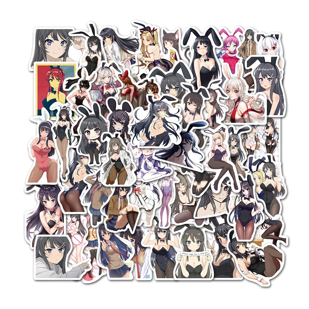 Adesivo à prova d'água 50 peças adesivos de coelho sexy anime hentai waifu pin-up meninas coleções decalques de vinil para laptop carro motocicleta parede skate adesivos de carro