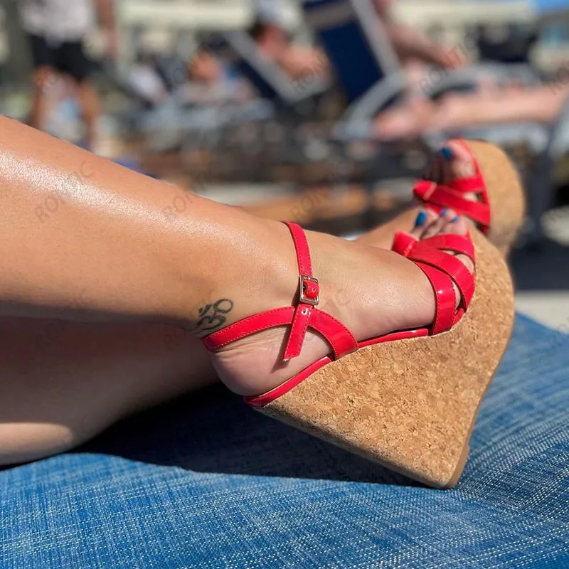 Ręcznie ręcznie robione kobiety sandały platformowe Pasek kostki unisex kliny obcasy Peep palca ładne fuksia czerwone buty cosplay w rozmiarze 5-20