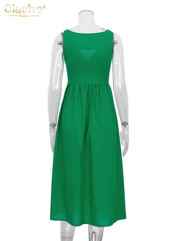 Clacive Summer VNeck Green WomenS Dress Casual Loose Sleeveless Office Midi es Elegant Classic Ruched Female 220704