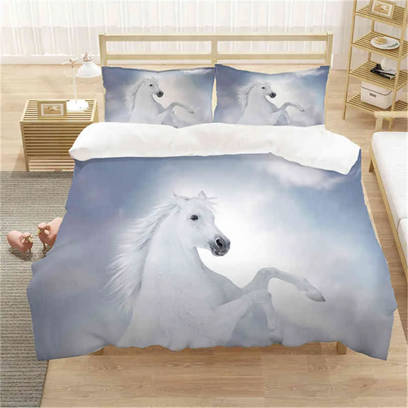 Parure de lit cheval blanc, housse de couette Queen, chambre en coton