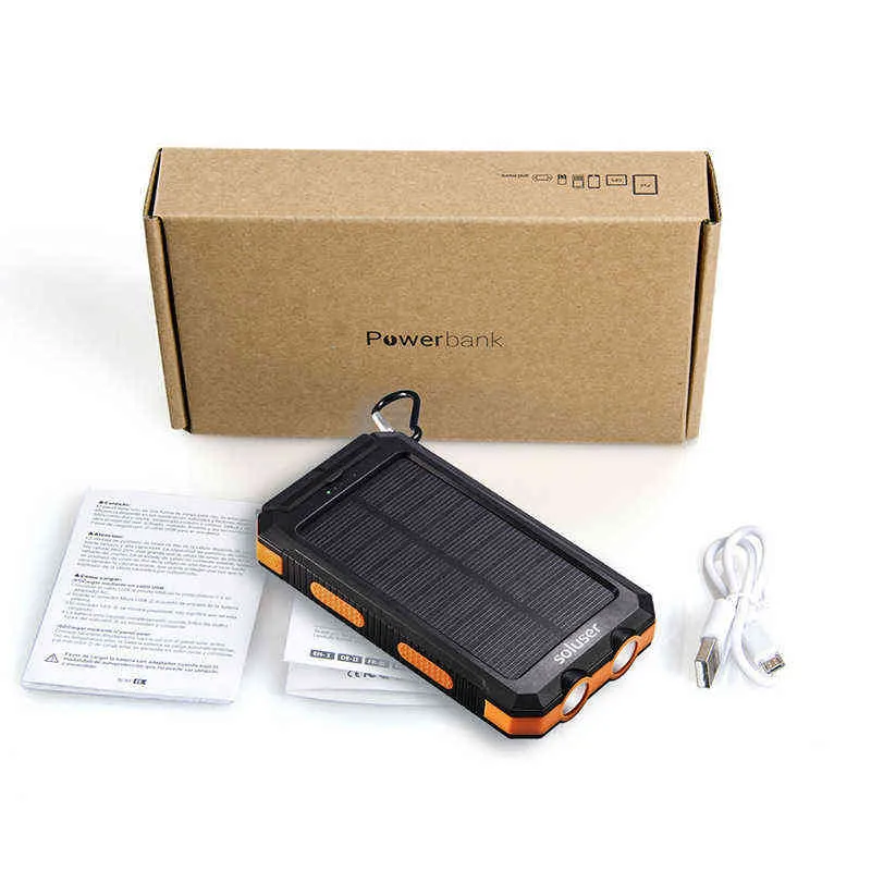 Solar Power Bank MAH Waterproof Portable Solar ładowarki zasilania Zewnętrzny bank zasilania baterii z LED Camping Light J220531
