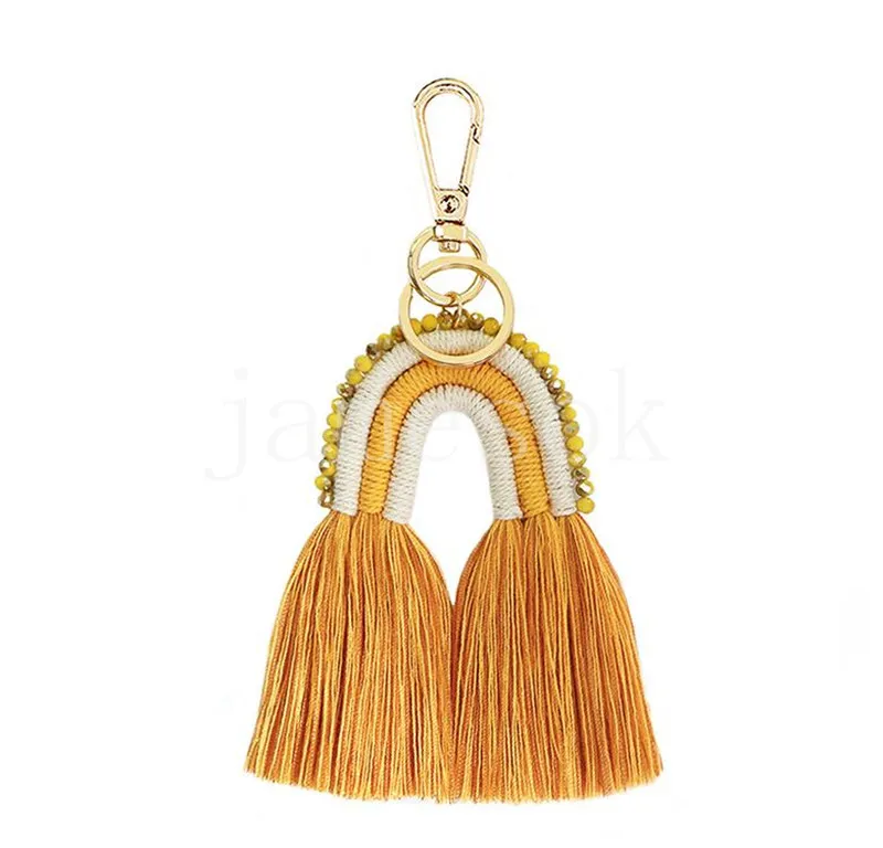 Etnische handgemaakte macrame sleutelhangers voor vrouwen tassen accessoires sieraden Boho Rainbow Weave katoen omzoomd sleutelhangers cadeau de623