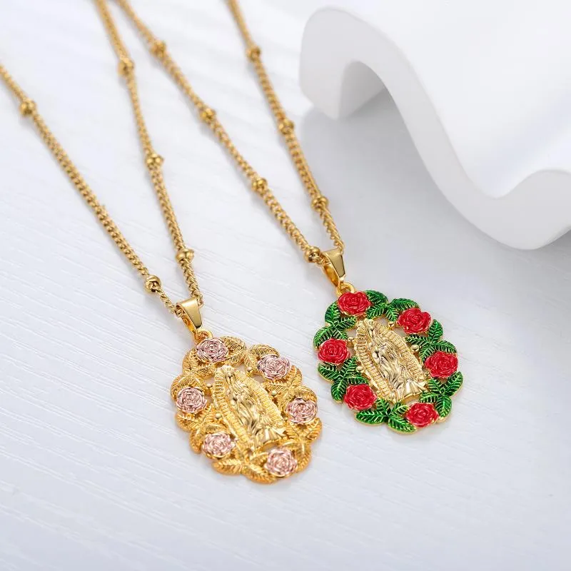 Anhänger Halskette Guadalupe Halskette für Frauen Jungfrau Maria Schmuck Personalisierung Rosen Kette Gold plattiert Metall Blume Geschenk Frien2980