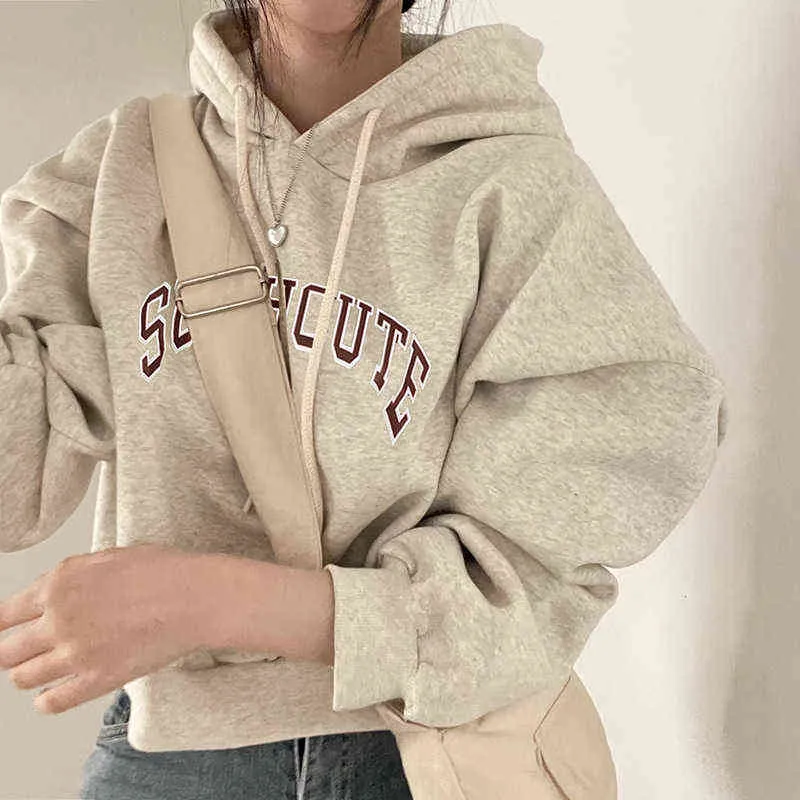 Letter Printing Women Hoodies 2021 Autumn Winter Streetwear Loose Long Sleeves Short Sweatshirt Fleece Cotton Pullover Tracksuit T220726