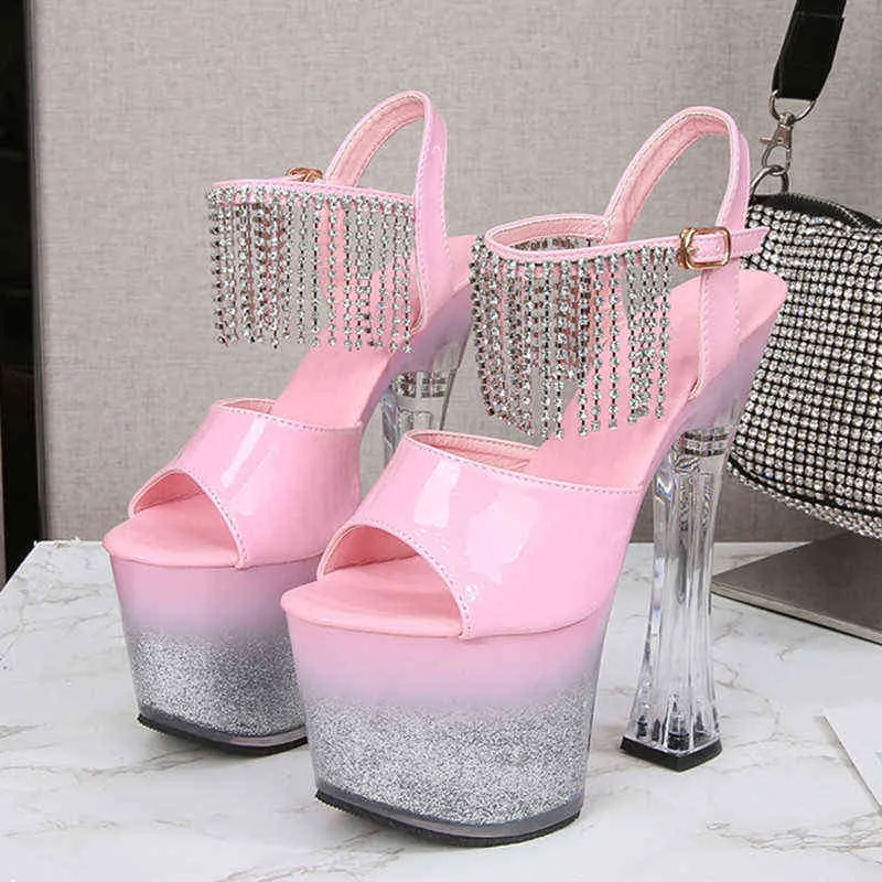 Crystal Show Stripper Thick Heels Clear Shoes Women 2022 Platforms Pink Red Black Sandals Female Transparent Sexy Shoes X0021 Y220409