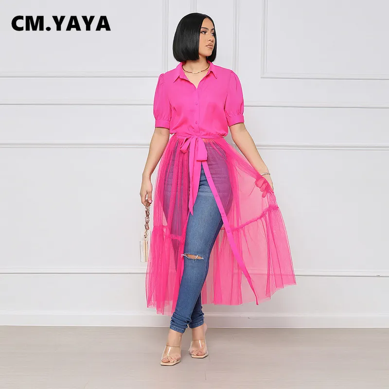 CM. Yaya Elegancka siatkowa patchworka w stylu koszuli z wysokim talią maxi długa sukienka dla kobiet letnie sukienki uliczne w pojedynczej piersi 220516