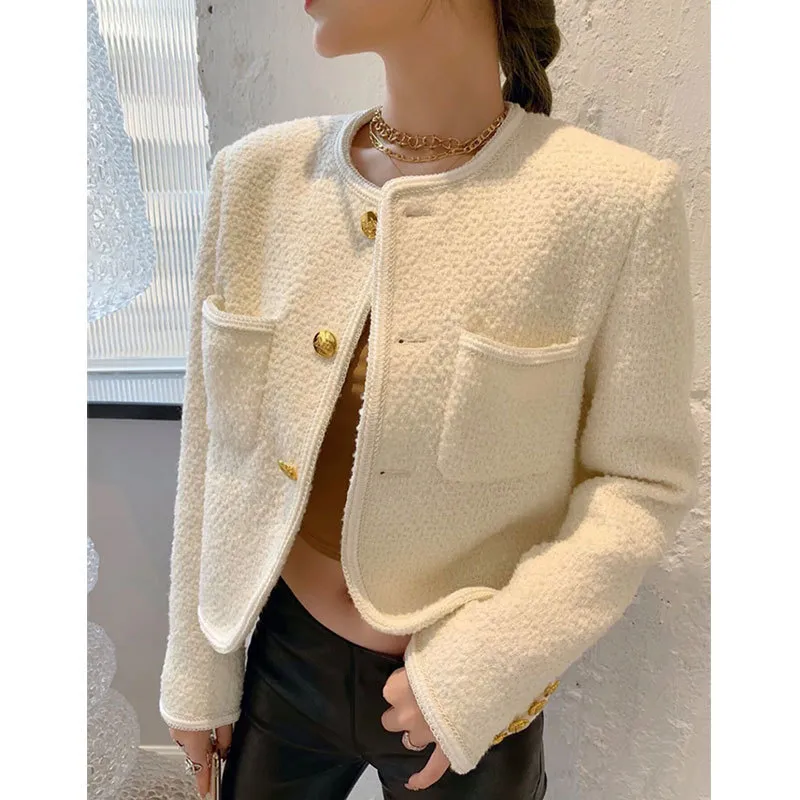 High Quality Women Fashion Jackets Black Tweed Two Pockets Golden Buttons Elegant Coats Spring Autumn Women Clothes 220722