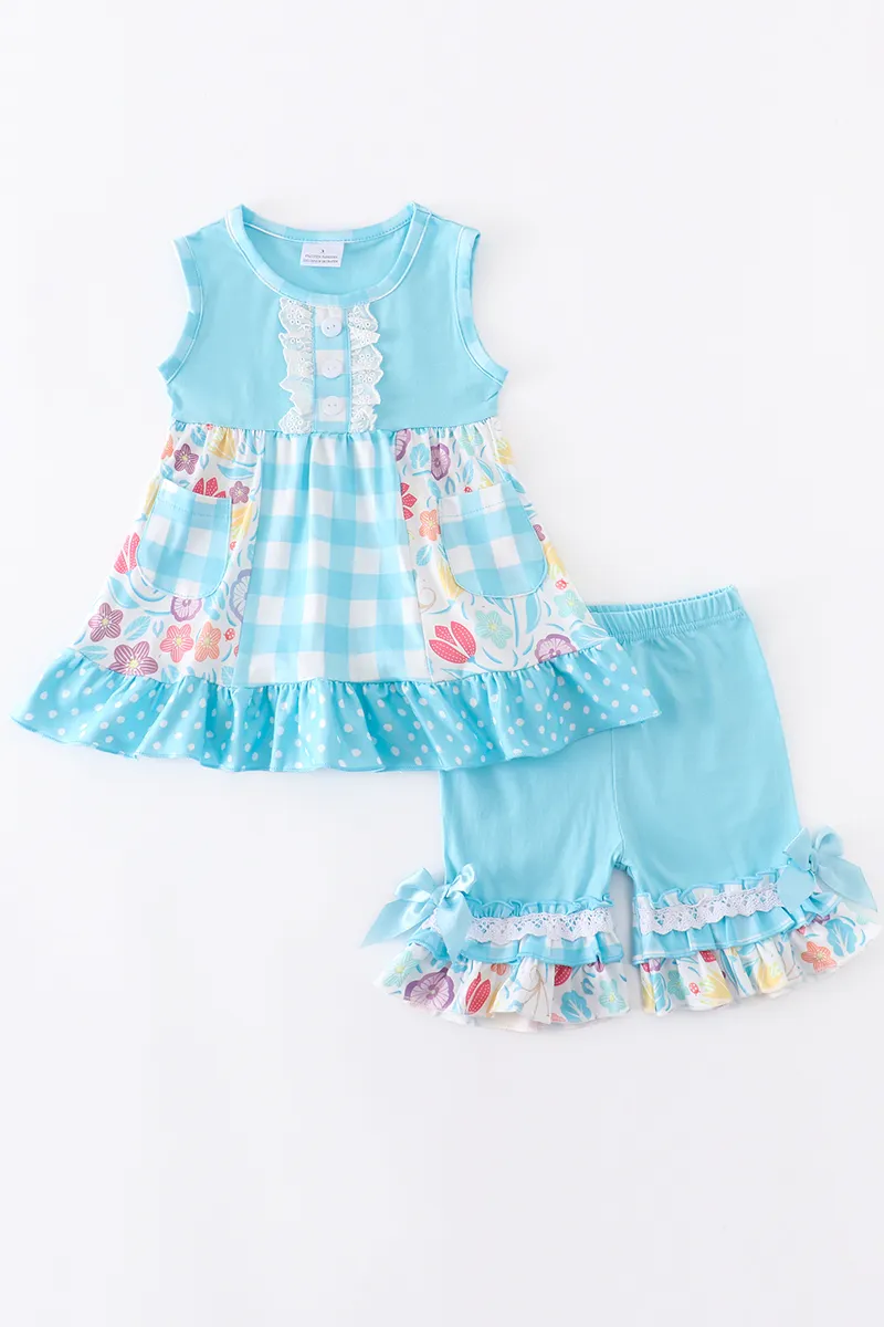 Girlymax SummerBaby Barge Children Chitle Shortsセットヒョウ牛の花の衣装フリルブティックキッズ服2206​​20