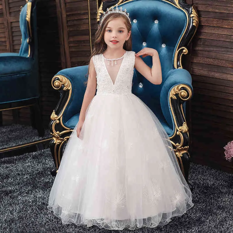 Kind westerse stijl witte lange meisjes trouwjurk voor kinderen geborduurde V-hals jurken voor meisjes van 10 jaar oud