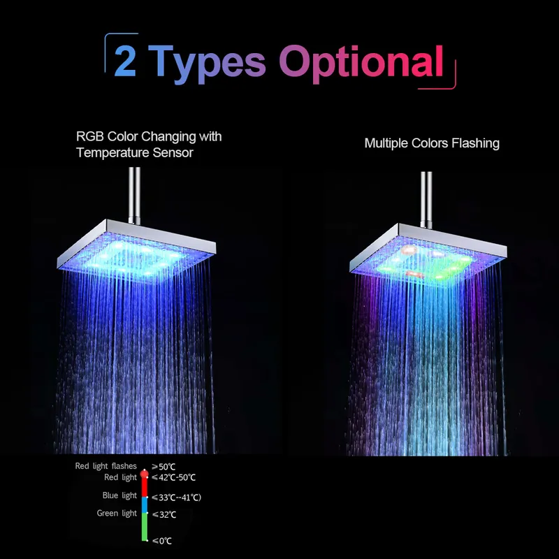 Soffione doccia LED Rainfall Square Testina sensore di temperatura che cambia automaticamente colore bagno 220510