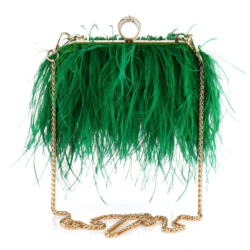 Luxury Ostrich Feather Evening Bags for Women Chain Shoulder Crossbody Bag Tassel Party Clutch Green Wedding Handväskor 220607