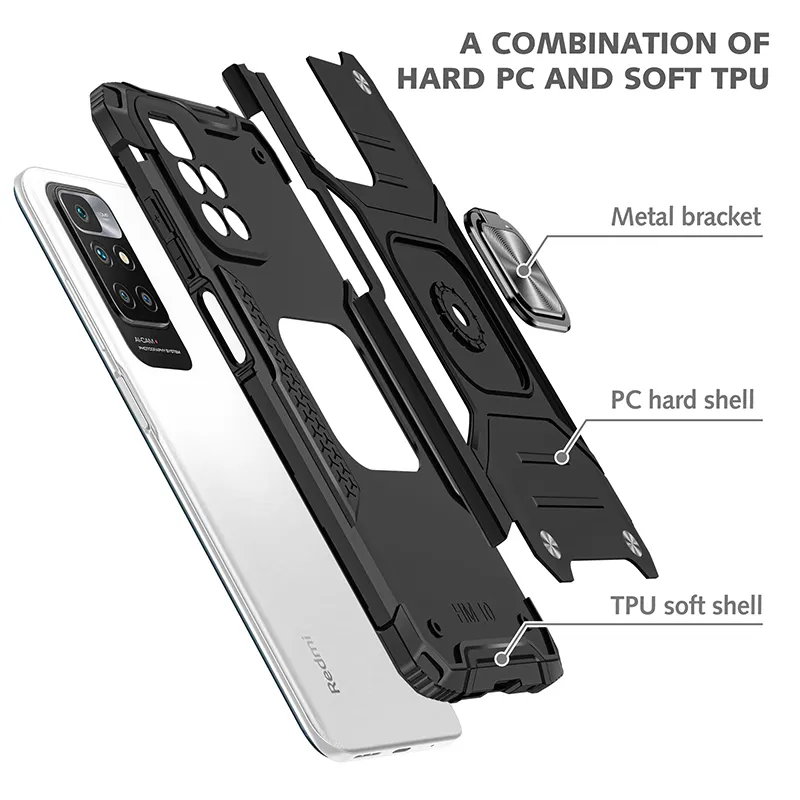 Caso de choque à prova de choque da armadura dupla camada para Xiaomi Redmi 10 Magnetic Metal Anel de Dedo Plástico Suporte De Borracha Tampa traseira