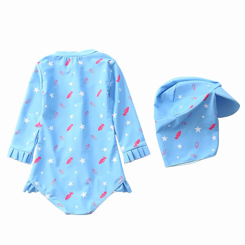 1 ~ 7y Criança criança meninas de nadar com mangas compridas Rash Guards Surfing Surfing Kids Beach Wear With Cap-SW436 220426