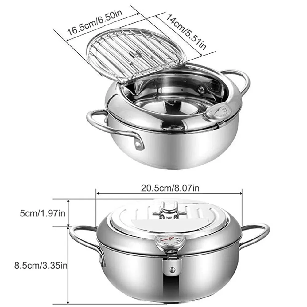 Japanese Deep Fryer With Thermometer and Lid 304 Stainless Steel Kitchen Tempura Fryer Pan Without Oil